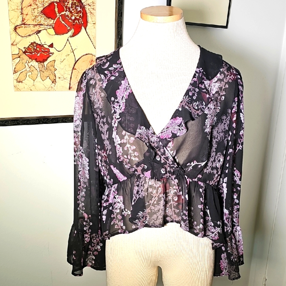 Floral Sheer Black and Purple Women's Top. Size Meduim. Ruffles